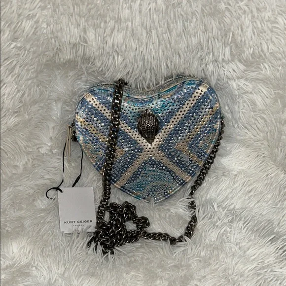 Kurt Geiger Blue and Silver Heart Crossbody with Crystal Detail - Picture 1 of 8